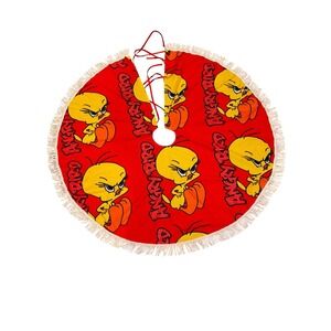 Rare Vintage 90's Tweety Bird 50"x50" Tree Skirt‎ Red White Fringe "Angry Bird"